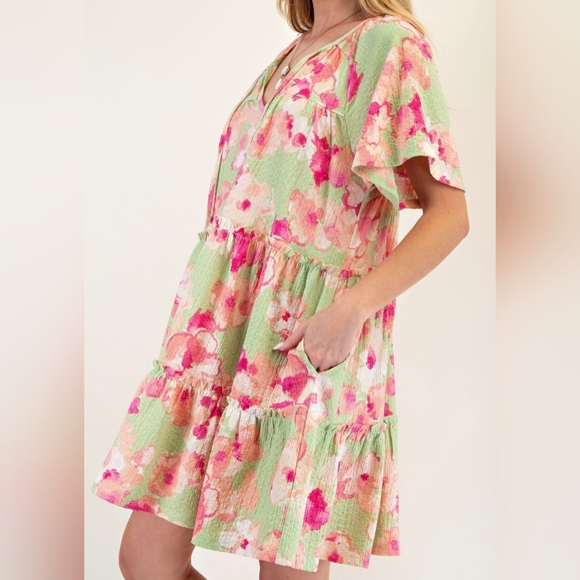 Easel Floral Knit Popcorn Tiered Dress #496-501 - Picture 6 of 12